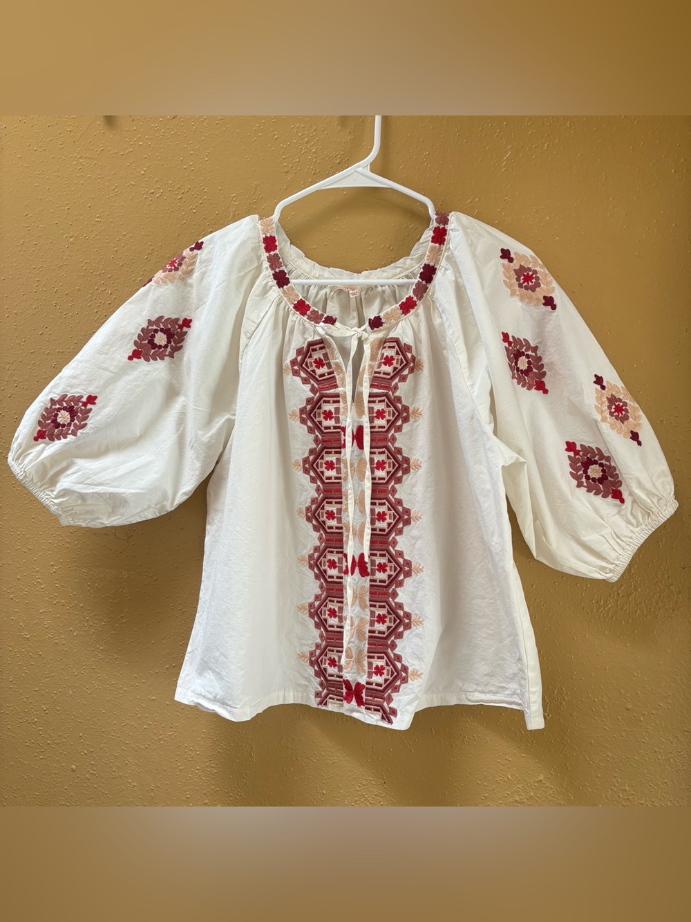 Solitaire Boho Embroidered Peasant Blouse Ivory & Burgundy - Size M